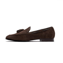 Load image into Gallery viewer, Brown suede loafer with a tassel on a white background

