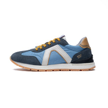 Load image into Gallery viewer, Blue and navy sneaker with yellow accents on a white background

