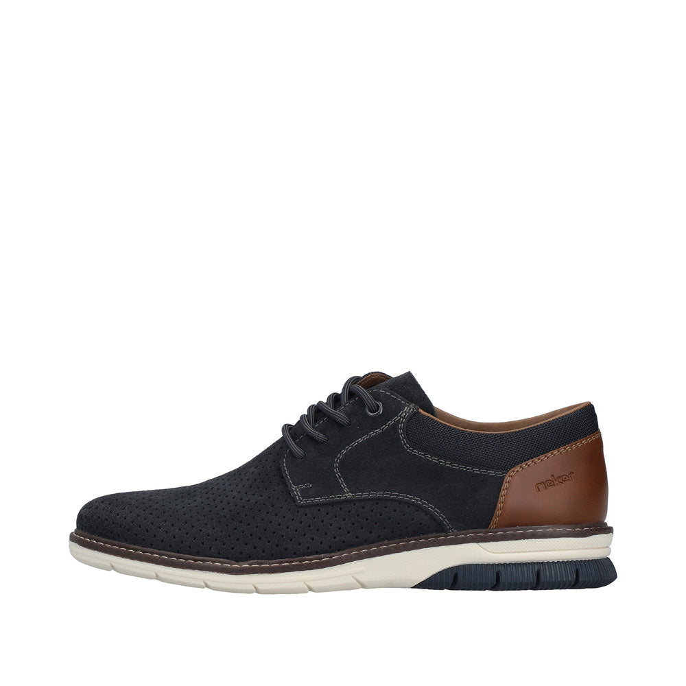 navy leather shoe with brown accents on a white background