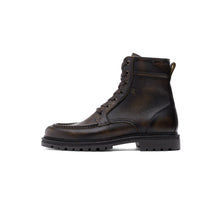 Load image into Gallery viewer, A dark brown leather lace-up boot with a rugged lug sole, shown in a side profile on a plain white background.
