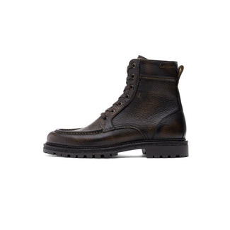 A dark brown leather lace-up boot with a rugged lug sole, shown in a side profile on a plain white background.