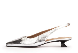 Silver slingback shoe on a white background