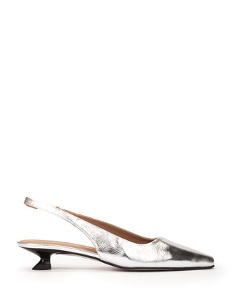 Silver slingback shoe on a white background
