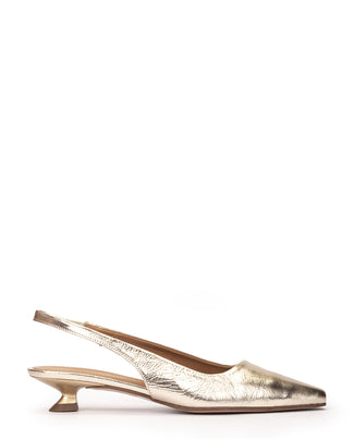 Gold slingback shoe on a white background