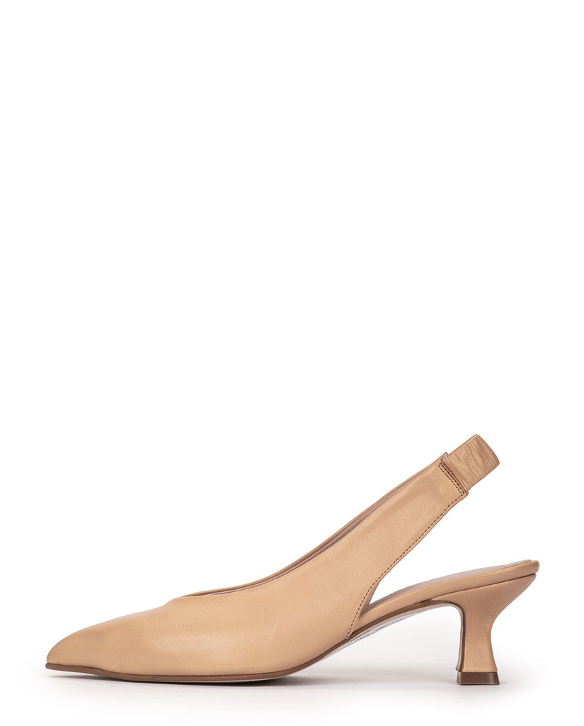 Beige slingback shoe on a white background