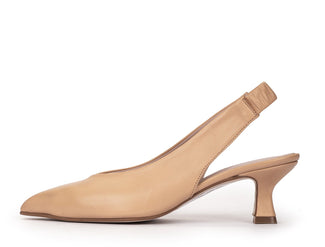 Beige slingback shoe on a white background