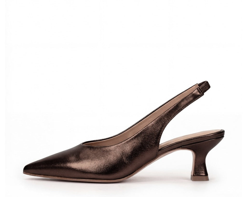 A single metallic bronze slingback pump with a pointed toe and a short kitten heel, shown in profile against a solid white background.