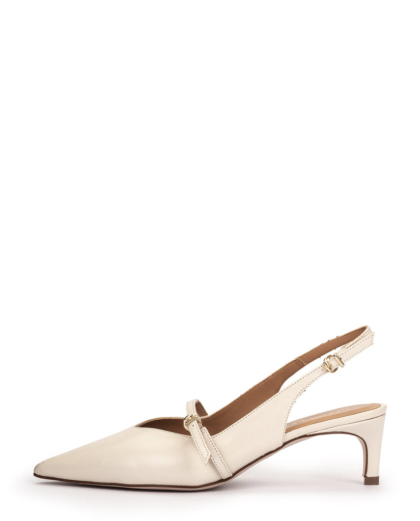 Beige slingback shoe on a white background