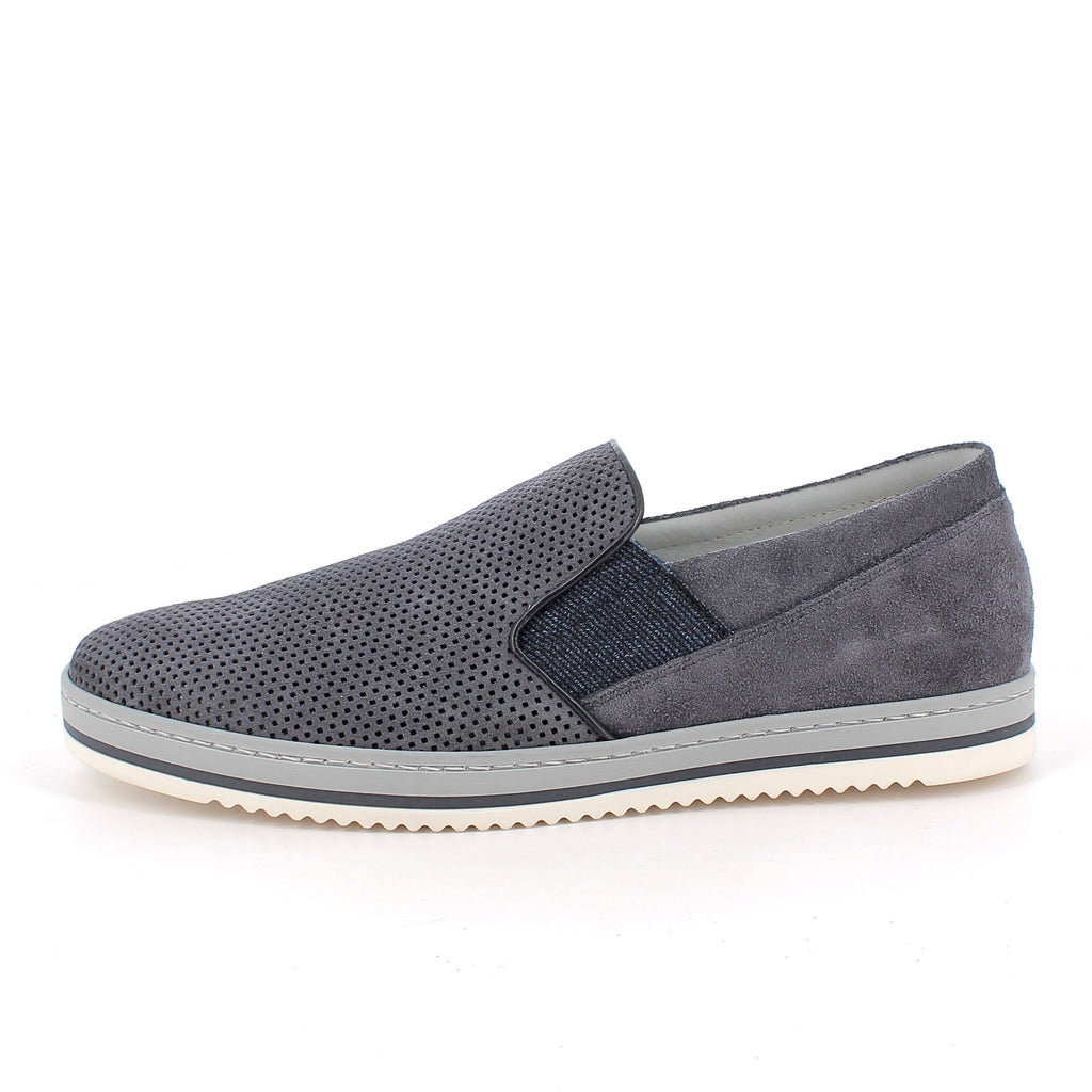 Gray slip-on shoe with a white sole on a white background