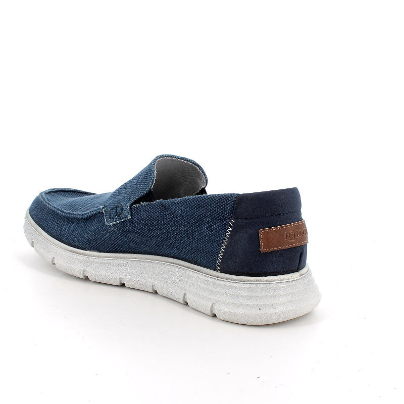 Blue casual shoe with a white sole on a white background