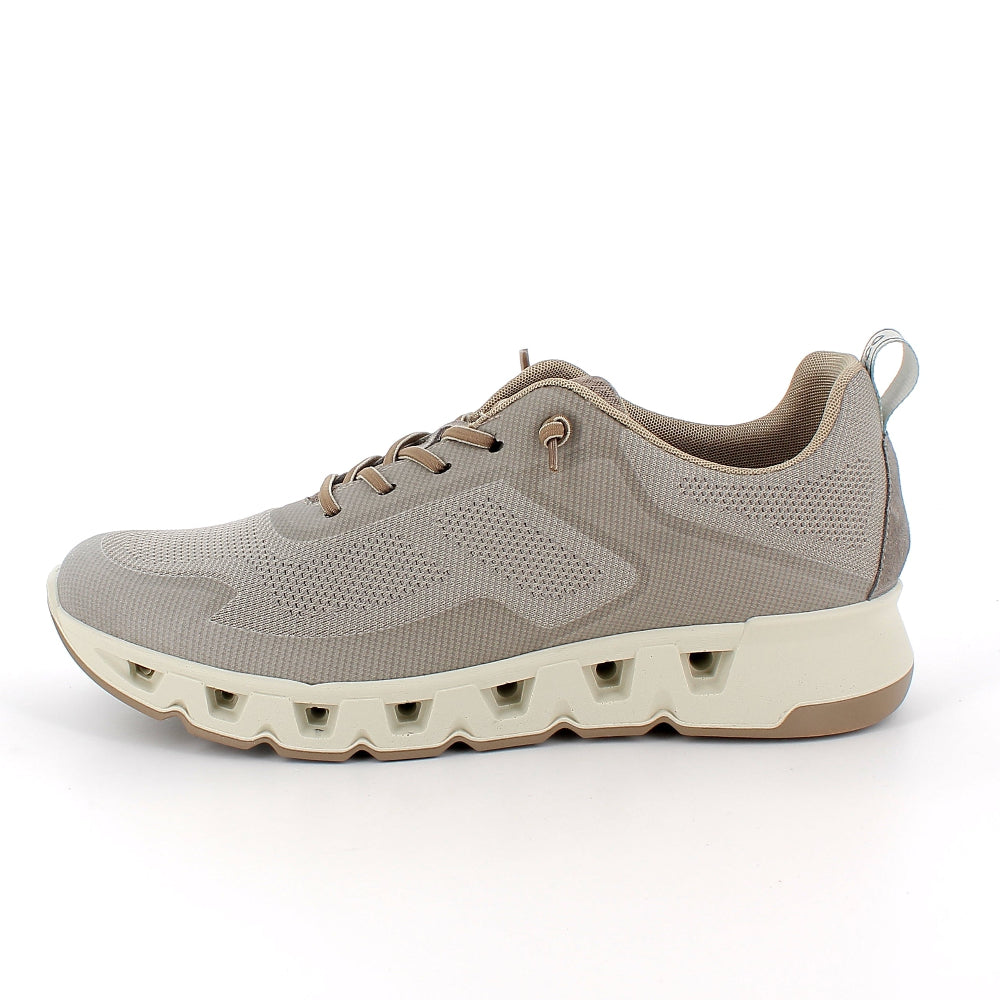 Gray athletic shoe with a unique sole design on a white background