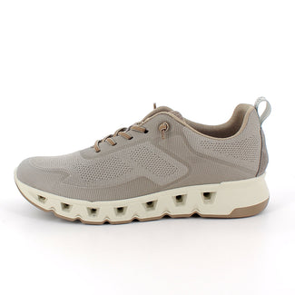 Gray athletic shoe with a unique sole design on a white background