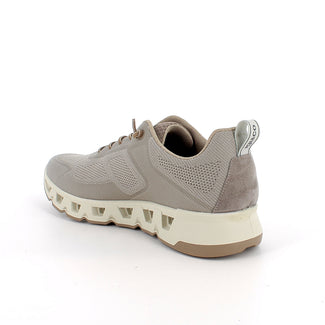 Gray athletic shoe with a unique sole design on a white background