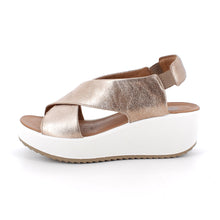Load image into Gallery viewer, Gold wedge sandal on a white background
