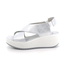 Load image into Gallery viewer, Silver sandal with a platform sole on a white background
