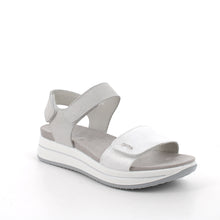Load image into Gallery viewer, White sandal with gray straps on a white background
