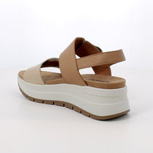Load image into Gallery viewer, Tan and beige sandal with a white sole on a light gray background
