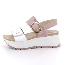 Load image into Gallery viewer, White sandal with pink strap and gold buckle on a white background
