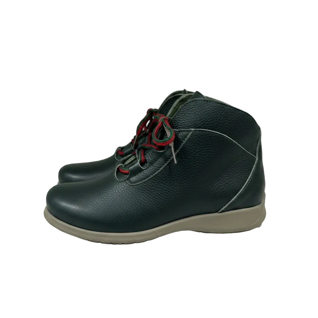 A pair of dark green pebbled leather ankle boots with multi-colored red, green, and white striped laces, shown against a plain light gray background.