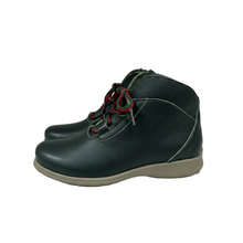 Load image into Gallery viewer, A pair of dark green pebbled leather ankle boots with multi-colored red, green, and white striped laces, shown against a plain light gray background.
