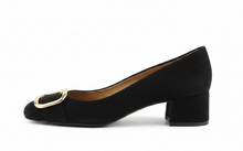 Load image into Gallery viewer, black suede shoe with a gold buckle on a white background
