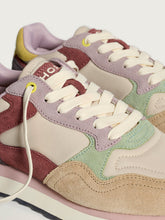 Load image into Gallery viewer, Multicolored sneaker with a mix of red, purple, green, and beige on a white background

