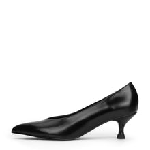 Load image into Gallery viewer, A single black leather pointed-toe kitten heel pump shown in a side profile on a clean white background.
