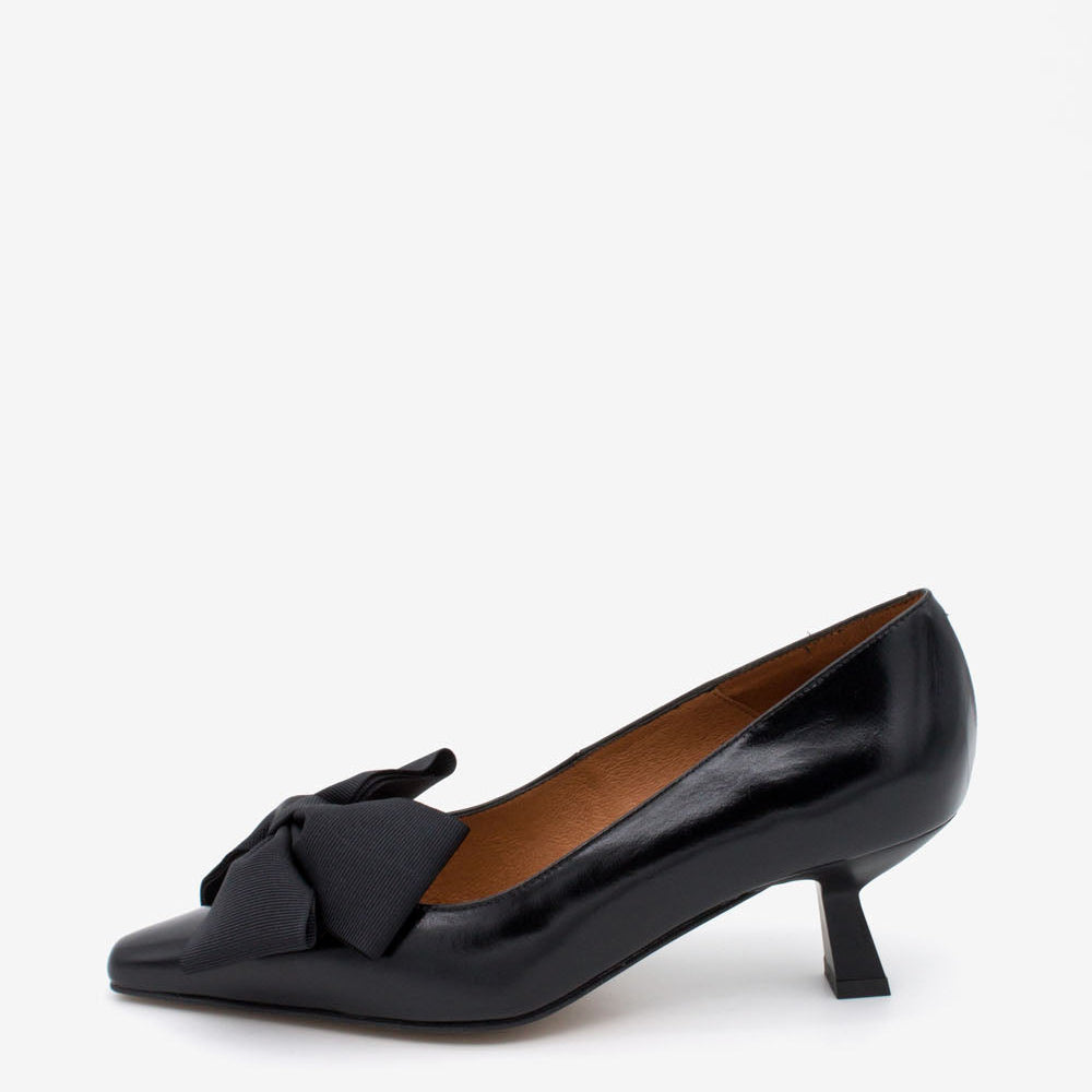 Angel Alarcon Black Leather Kitten Heel Pump with Bow|24627BLK