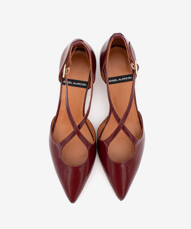 Pair of burgundy high-heeled shoes with criss-cross straps on a white background