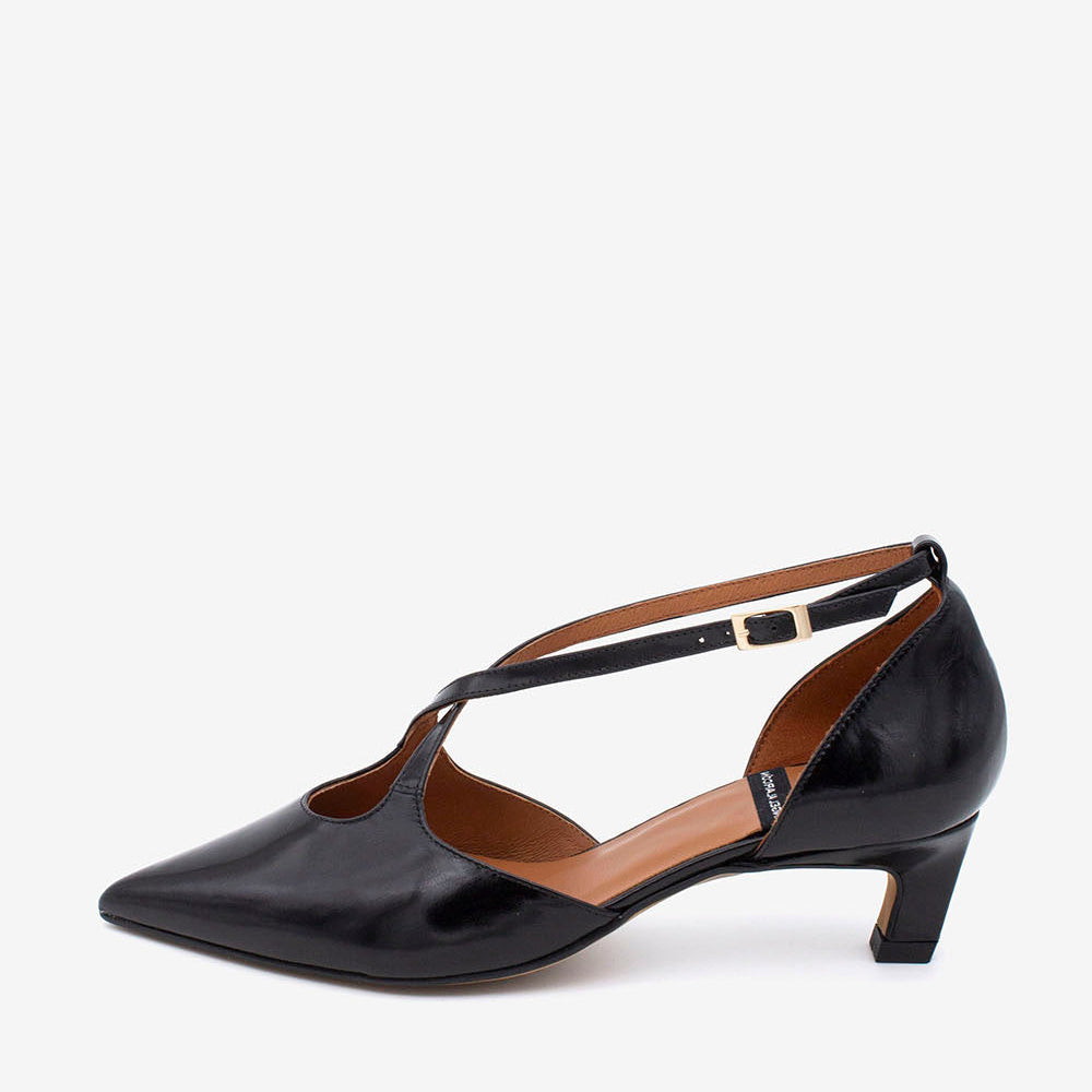 Angel Alarcon Black Leather Criss Cross Strap Pump|25536BLK