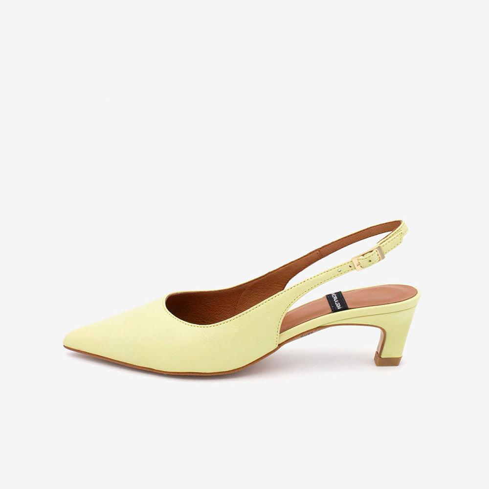 Yellow slingback shoe on a white background