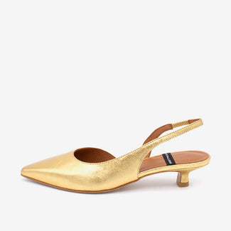 Gold slingback shoe on a white background