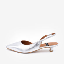 Load image into Gallery viewer, Silver pointed-toe slingback pump on a white background
