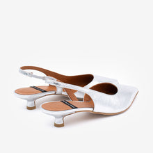 Load image into Gallery viewer, White high-heeled shoes with brown soles on a white background
