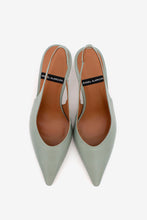 Load image into Gallery viewer, Pair of light gray high-heeled shoes with brown soles on a white background
