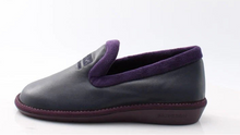 Load image into Gallery viewer, navy slipper with purple lining on a white background

