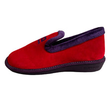 Load image into Gallery viewer, Red slipper with purple trim on a stone surface
