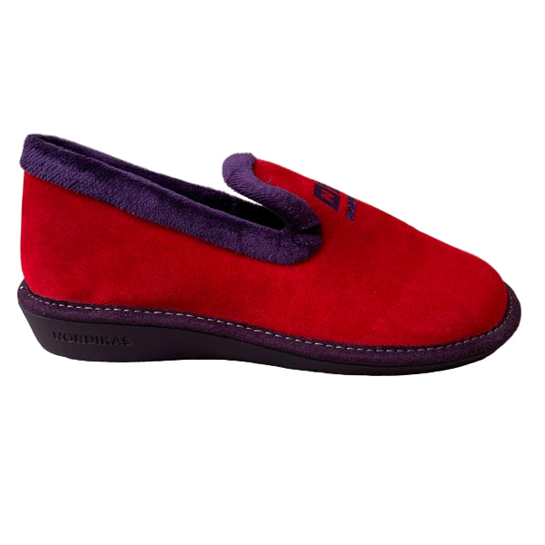 Red slipper with purple trim on a stone surface