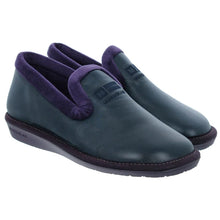 Load image into Gallery viewer, Pair of teal slip-on shoes with purple lining on a white background
