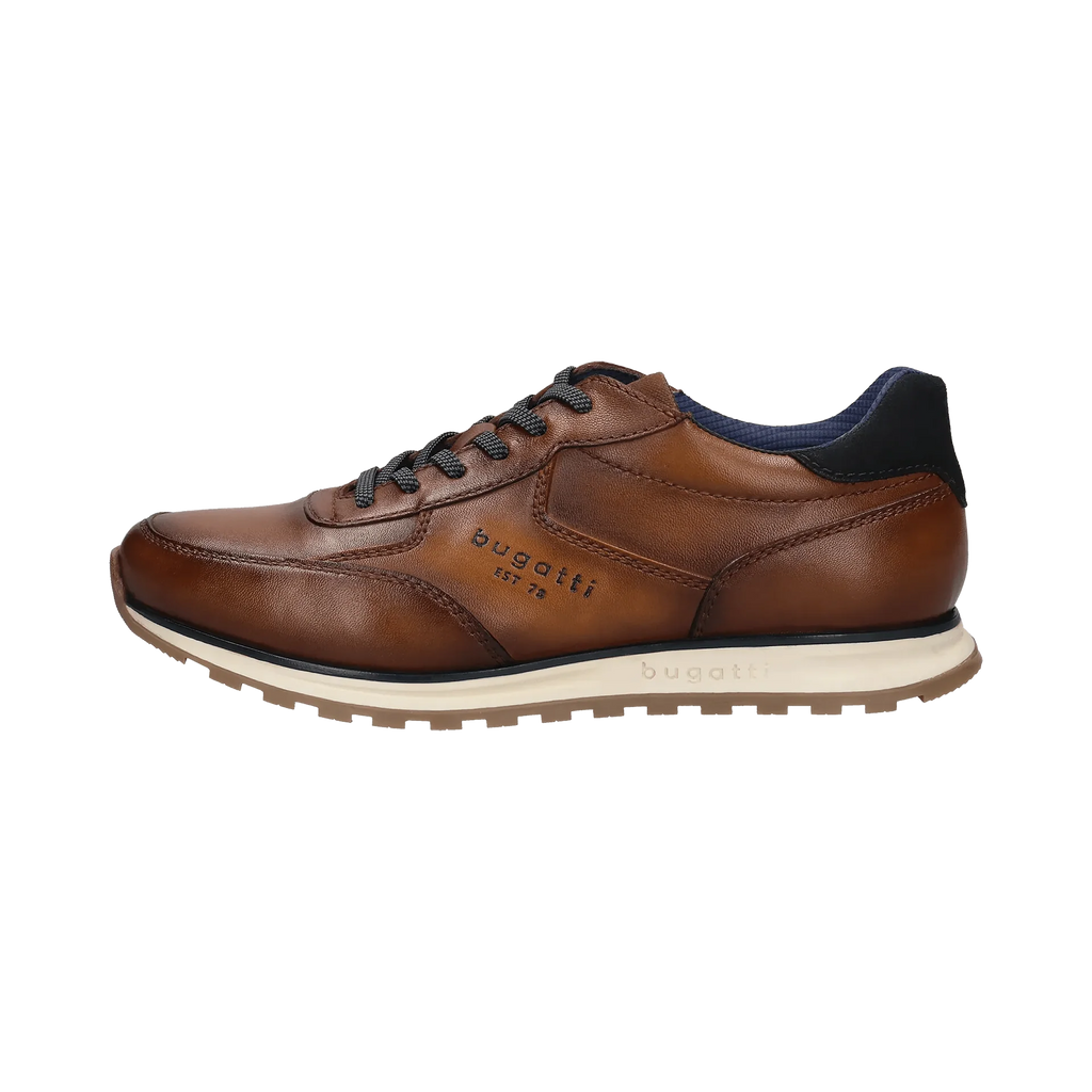 A brown leather Bugatti sneaker with dark navy laces, a navy heel tab, and a beige midsole, shown from a side profile on a white background.