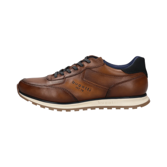 A brown leather Bugatti sneaker with dark navy laces, a navy heel tab, and a beige midsole, shown from a side profile on a white background.