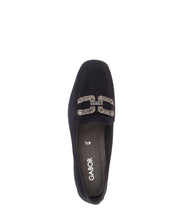 Load image into Gallery viewer, Black loafer shoe with a decorative buckle on a white background, featuring the Gabor brand.
