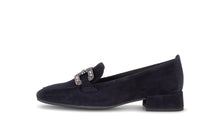 Load image into Gallery viewer, Navy blue loafer with a decorative buckle on a white background
