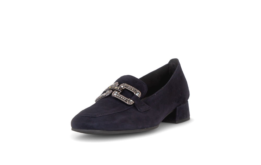Gabor Navy Suede Loafer with Diamante Buckle|400202002