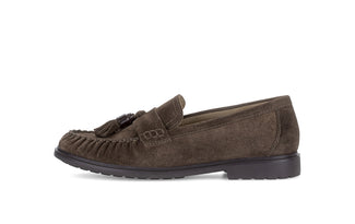 Brown suede loafer with tassel on a white background