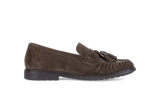 Brown suede loafer with tassel on a white background