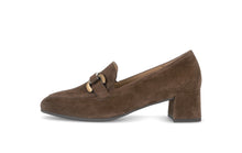 Load image into Gallery viewer, Brown suede loafer with a block heel on a white background
