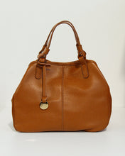 Load image into Gallery viewer, Brown leather handbag with a gold clasp on a light gray background

