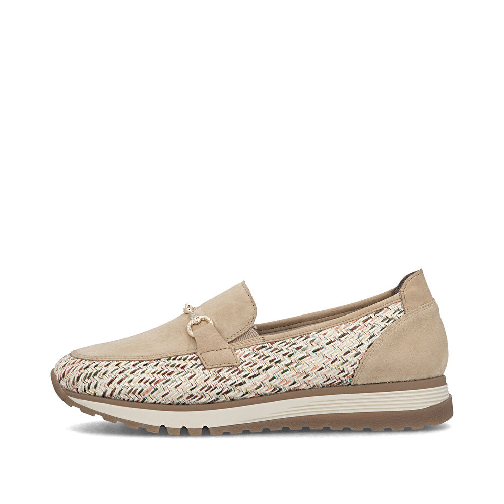 Beige loafer with woven pattern on a white background