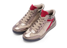Load image into Gallery viewer, Pair of high-top sneakers with red accents on a white background
